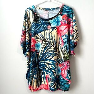Loveu Dear Size 1X Women Short Sleeve Top Blouse Colorful Flamingo Floral
